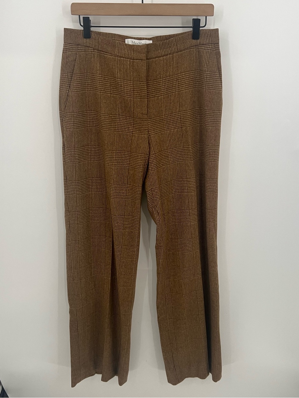 MaxMara Wool and Angora Blend Brown Tan Plaid Wide-Leg Trousers